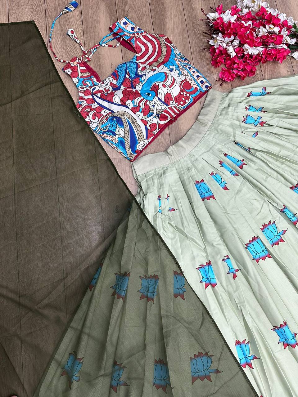 "Exquisite Kalamkari Lehenga Choli Set: Traditional Elegance in Chent Crepe"
