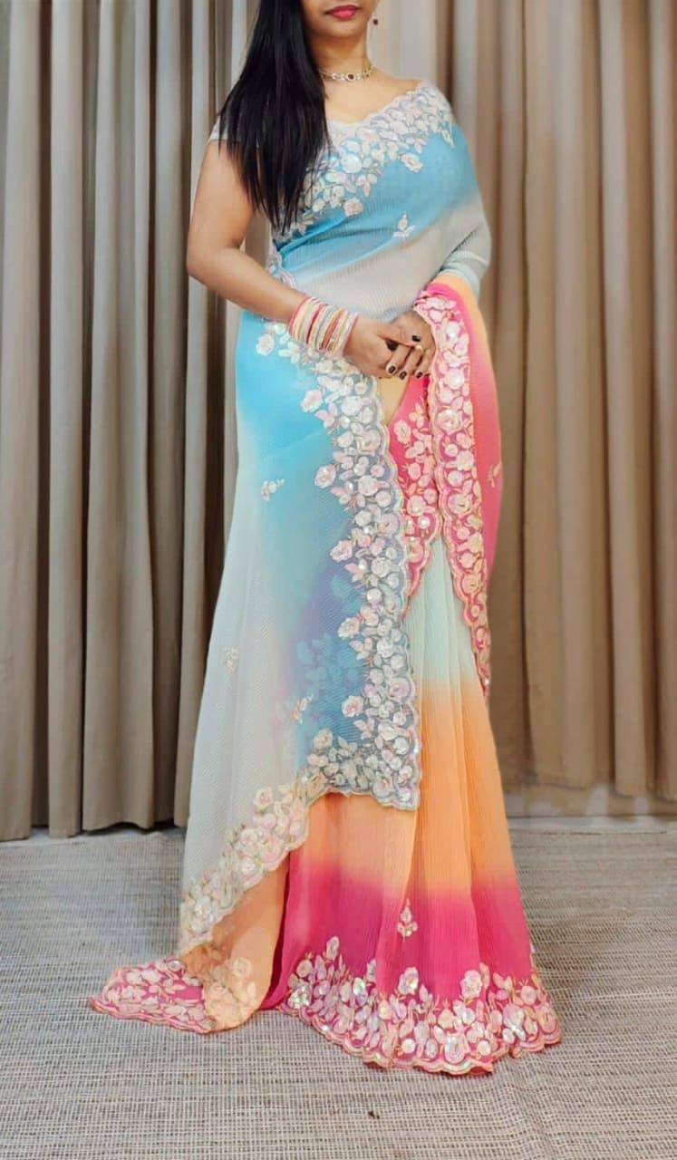 "Exquisite Sequins Embroidered Georgette Saree with Crush Work - Perfect for Night Parties!"