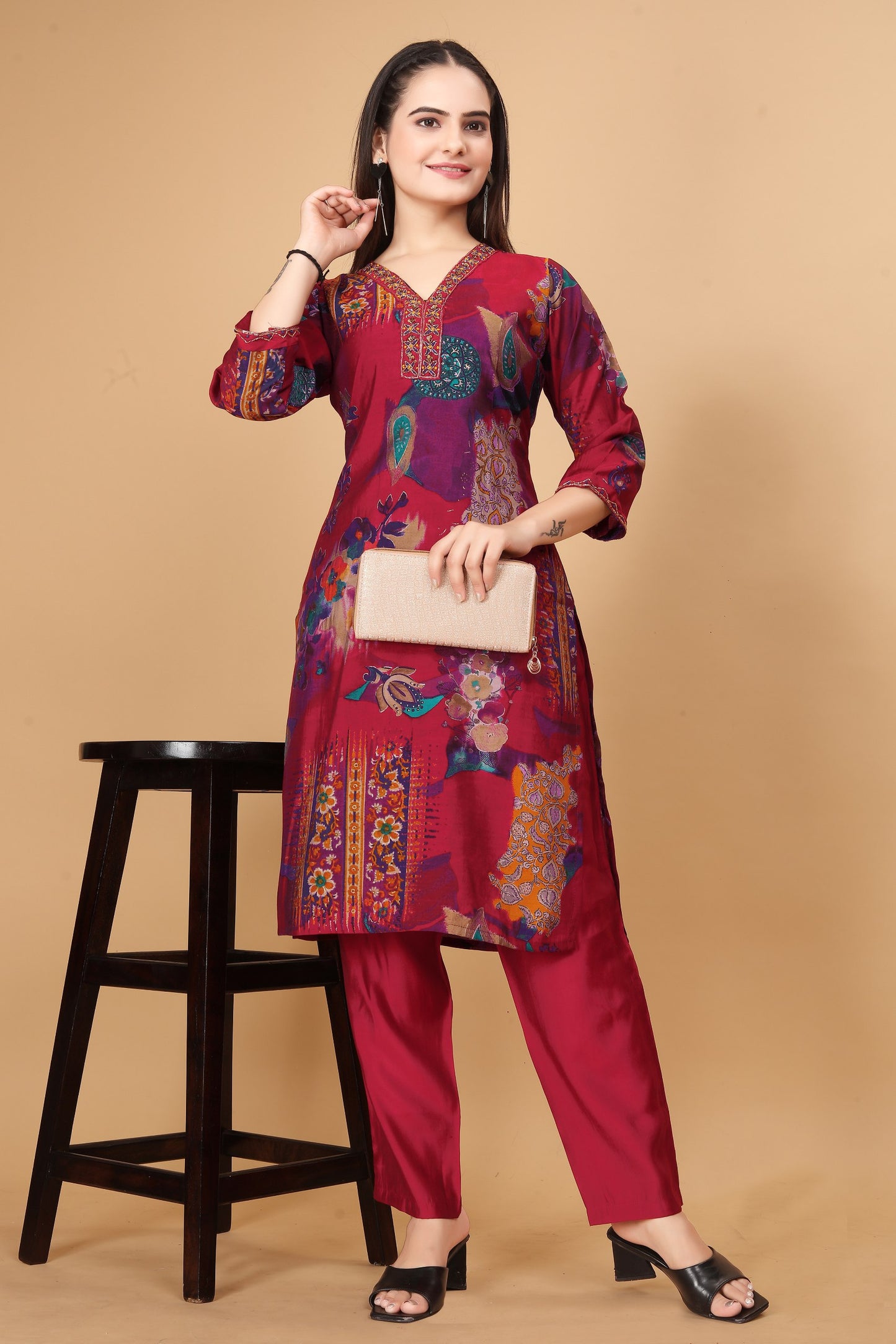 "Rani Elegance: Modal Viscose Silk Kurta Pant Set with Y Neck Handwork - Fully Stitched & Stylish - Available in Multiple Sizes!"