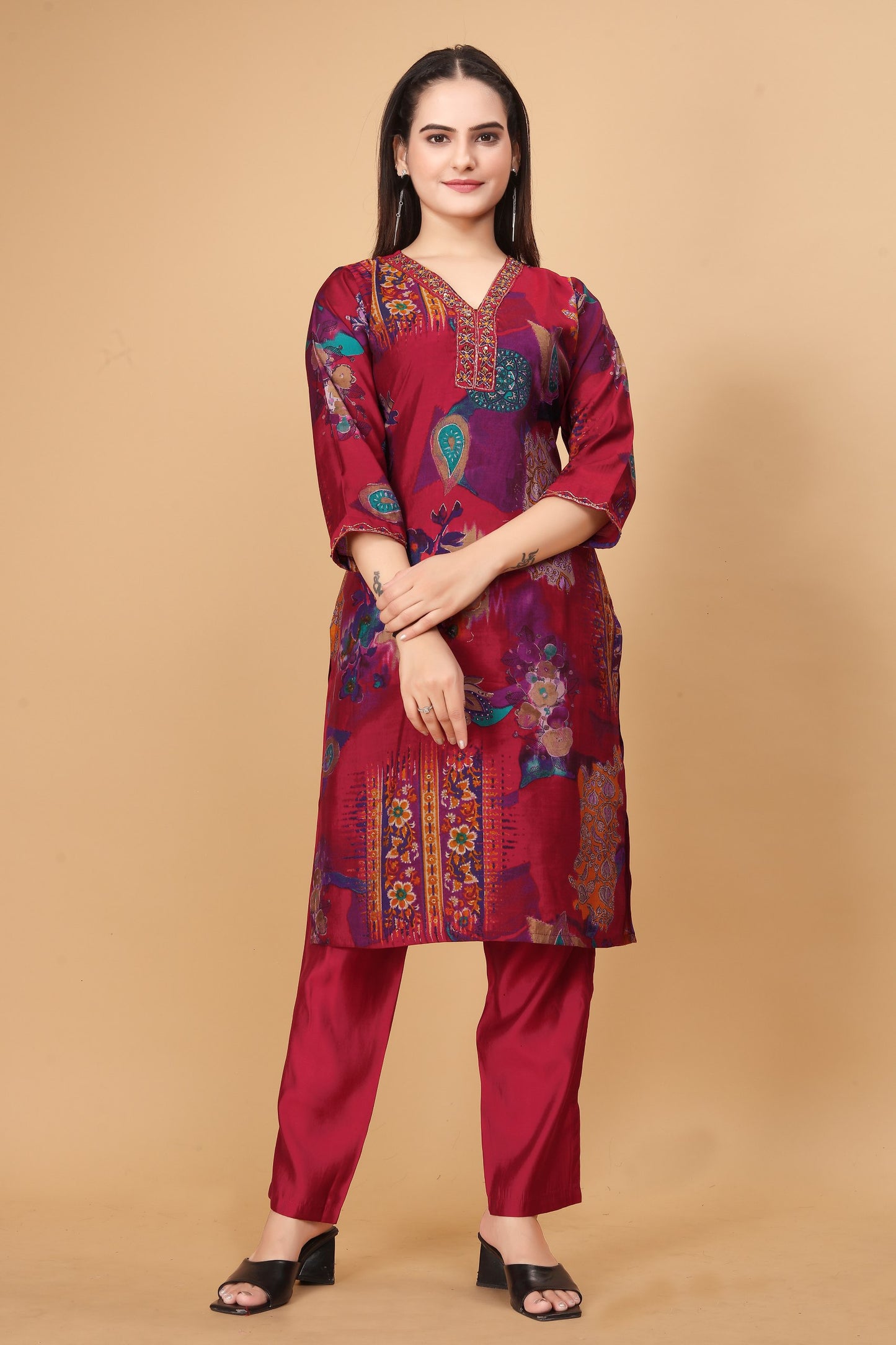 "Rani Elegance: Modal Viscose Silk Kurta Pant Set with Y Neck Handwork - Fully Stitched & Stylish - Available in Multiple Sizes!"