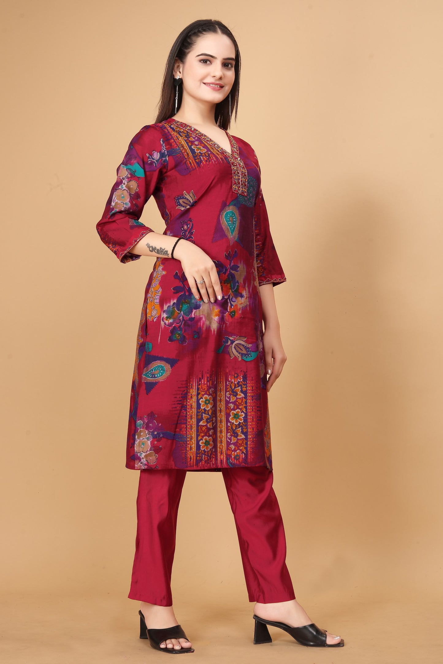 "Rani Elegance: Modal Viscose Silk Kurta Pant Set with Y Neck Handwork - Fully Stitched & Stylish - Available in Multiple Sizes!"