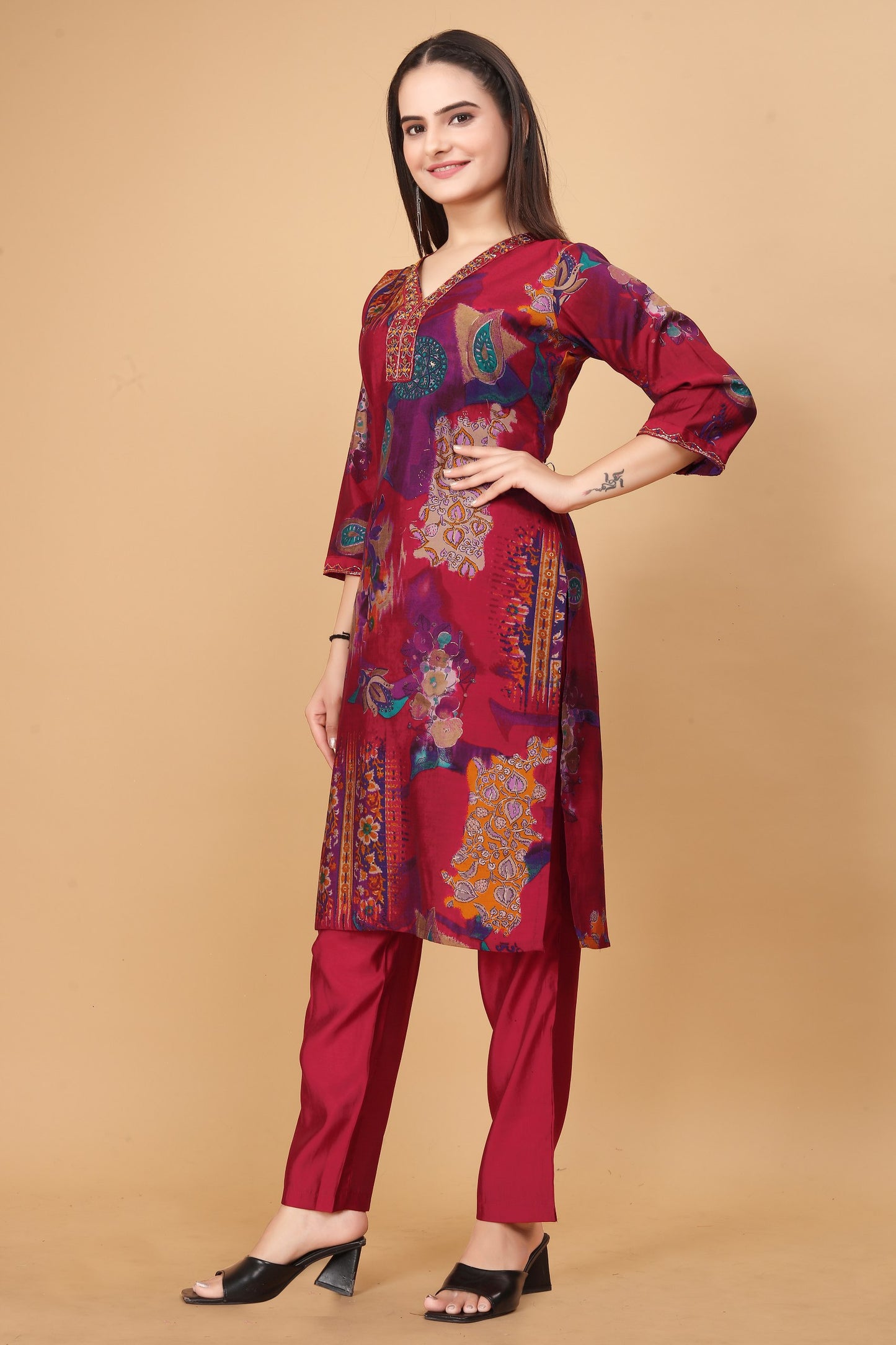 "Rani Elegance: Modal Viscose Silk Kurta Pant Set with Y Neck Handwork - Fully Stitched & Stylish - Available in Multiple Sizes!"