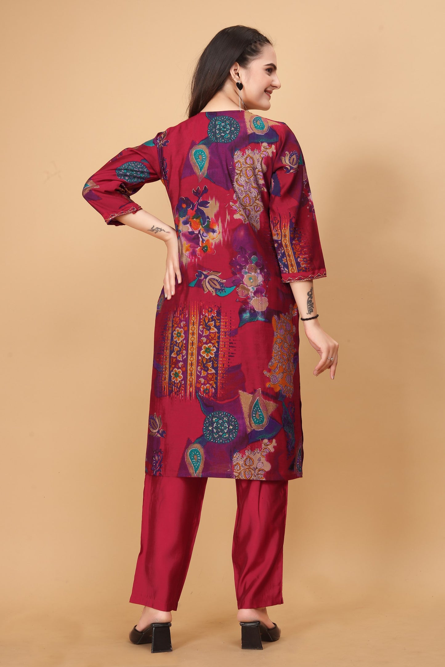 "Rani Elegance: Modal Viscose Silk Kurta Pant Set with Y Neck Handwork - Fully Stitched & Stylish - Available in Multiple Sizes!"