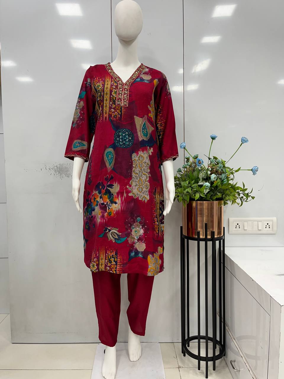 "Rani Elegance: Modal Viscose Silk Kurta Pant Set with Y Neck Handwork - Fully Stitched & Stylish - Available in Multiple Sizes!"