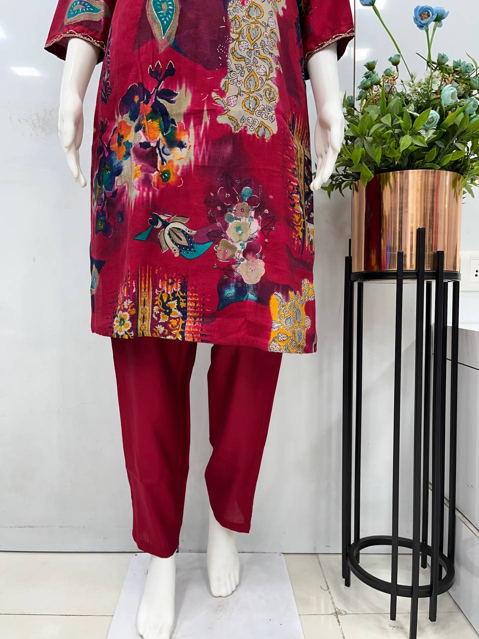 "Rani Elegance: Modal Viscose Silk Kurta Pant Set with Y Neck Handwork - Fully Stitched & Stylish - Available in Multiple Sizes!"