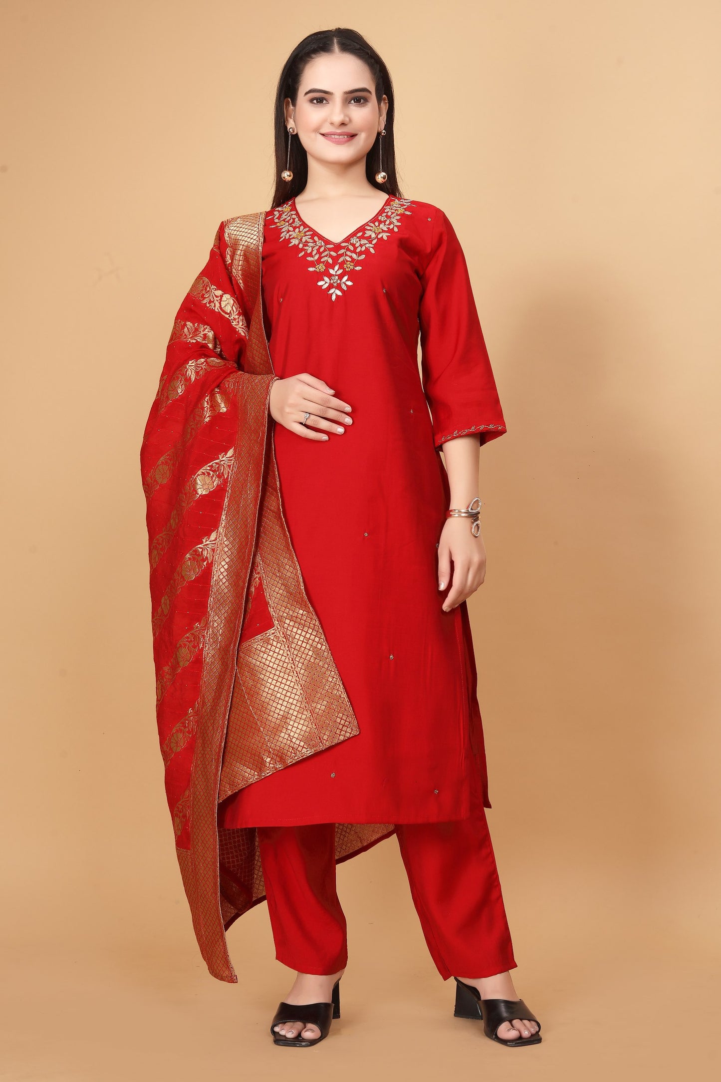 "Radiant Red Modal Viscose Silk Kurta Pant Set with Sequin Dupatta - Handwork Detailing, Fully Stitched - Sizes M to XXL"