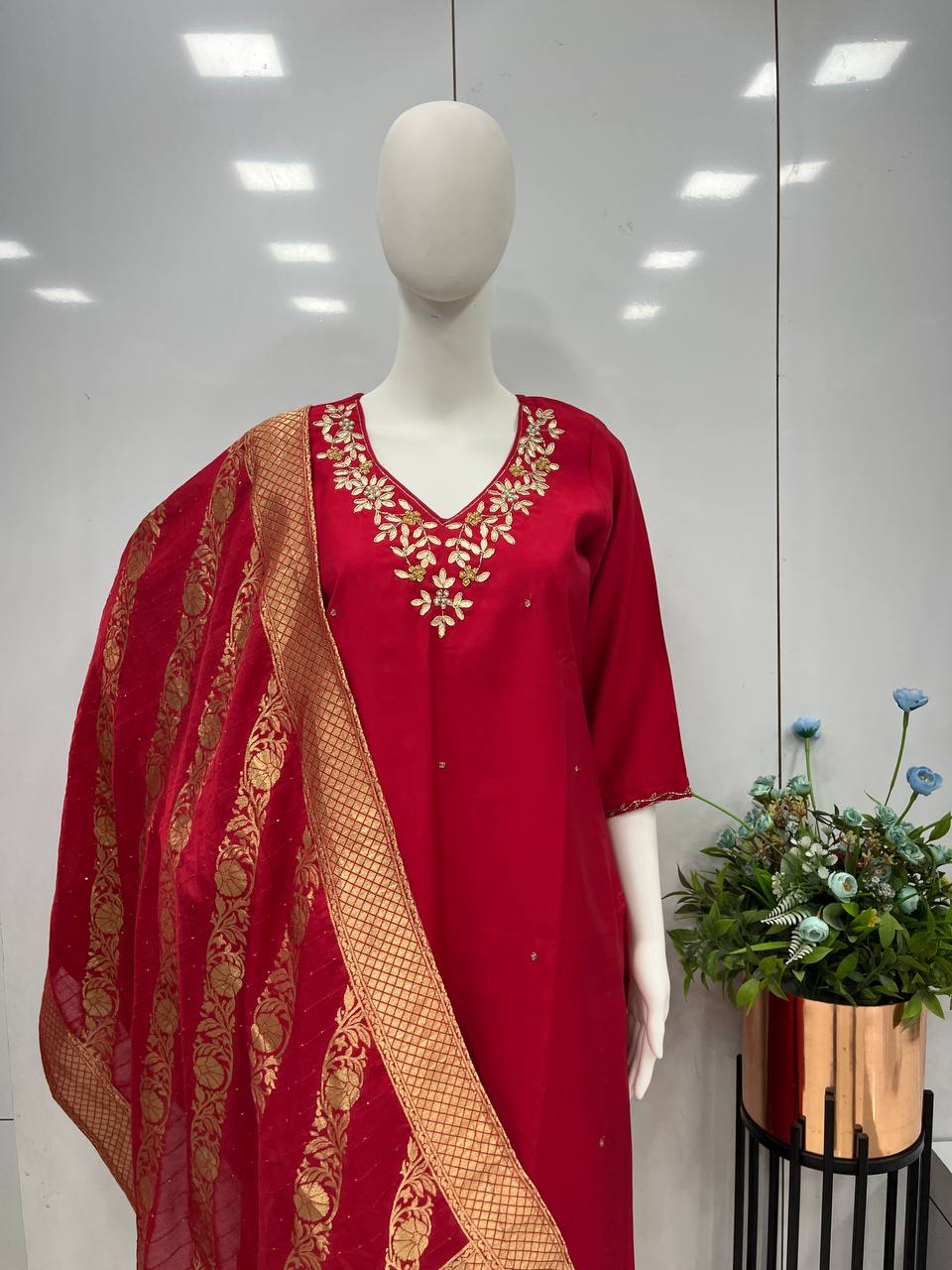 "Radiant Red Modal Viscose Silk Kurta Pant Set with Sequin Dupatta - Handwork Detailing, Fully Stitched - Sizes M to XXL"