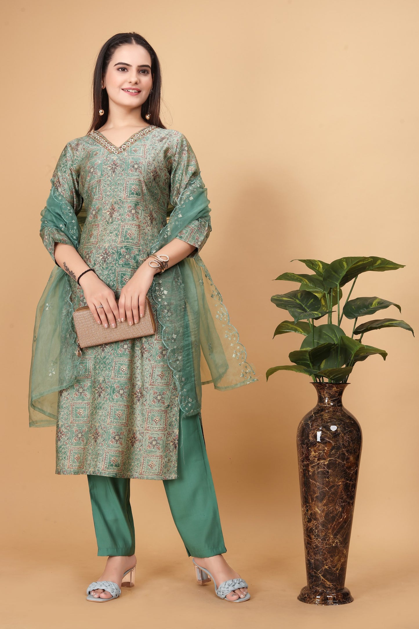 "Cyan Green Elegance: Viscose Modal Silk Kurta 3-Piece Set with Handwork Detailing and Organza Dupatta"