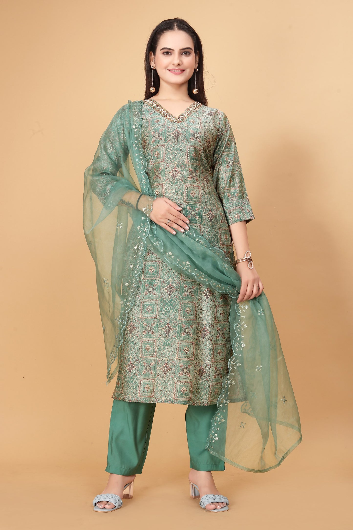 "Cyan Green Elegance: Viscose Modal Silk Kurta 3-Piece Set with Handwork Detailing and Organza Dupatta"