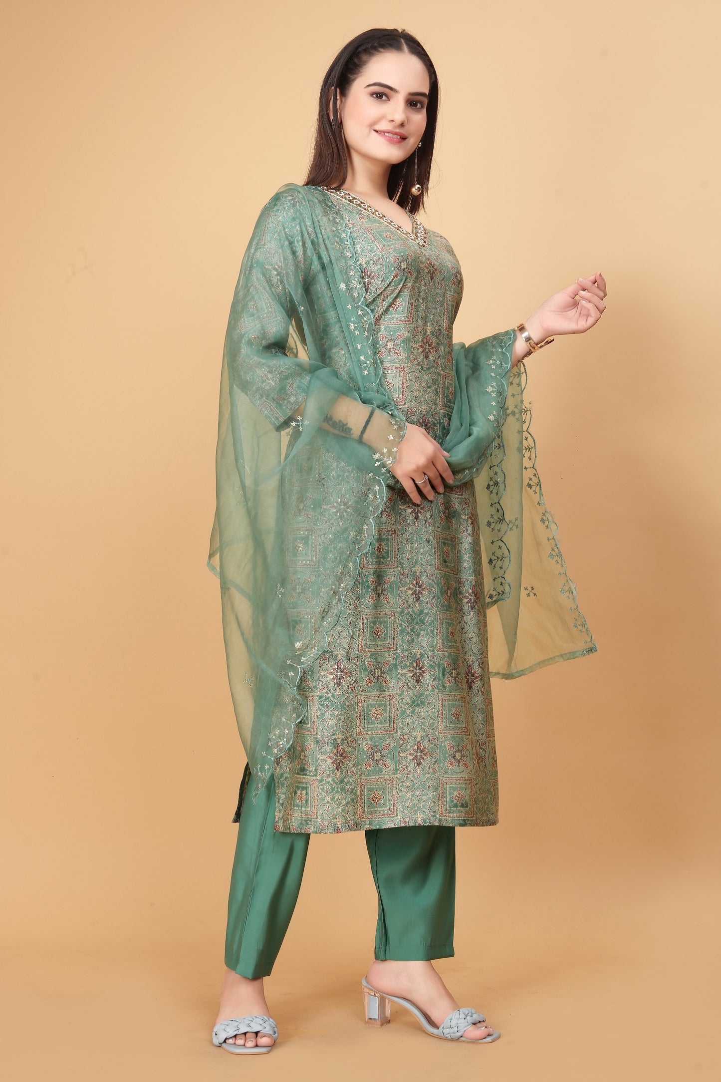 "Cyan Green Elegance: Viscose Modal Silk Kurta 3-Piece Set with Handwork Detailing and Organza Dupatta"