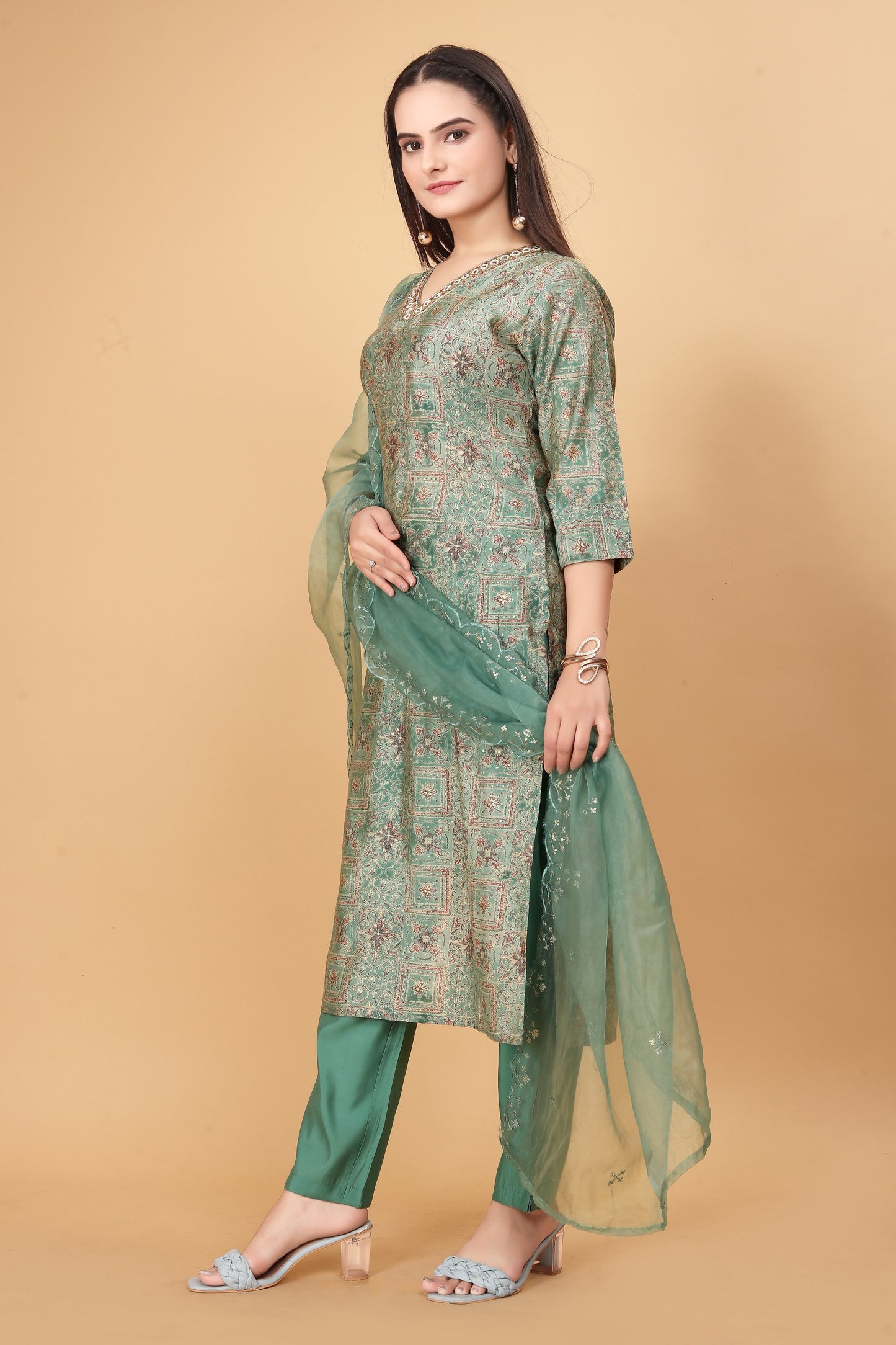 "Cyan Green Elegance: Viscose Modal Silk Kurta 3-Piece Set with Handwork Detailing and Organza Dupatta"