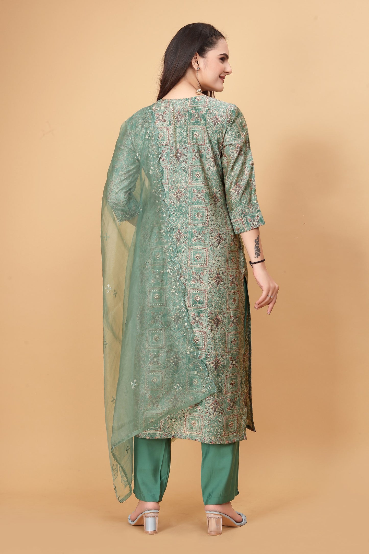 "Cyan Green Elegance: Viscose Modal Silk Kurta 3-Piece Set with Handwork Detailing and Organza Dupatta"