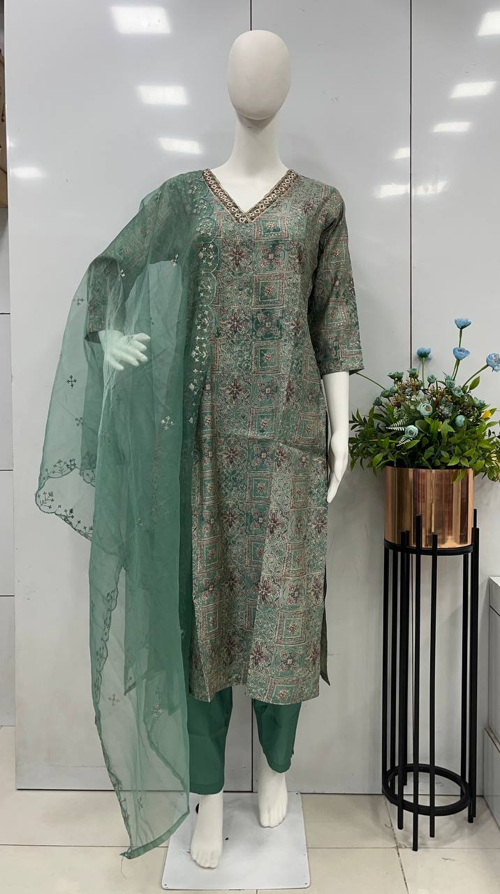 "Cyan Green Elegance: Viscose Modal Silk Kurta 3-Piece Set with Handwork Detailing and Organza Dupatta"