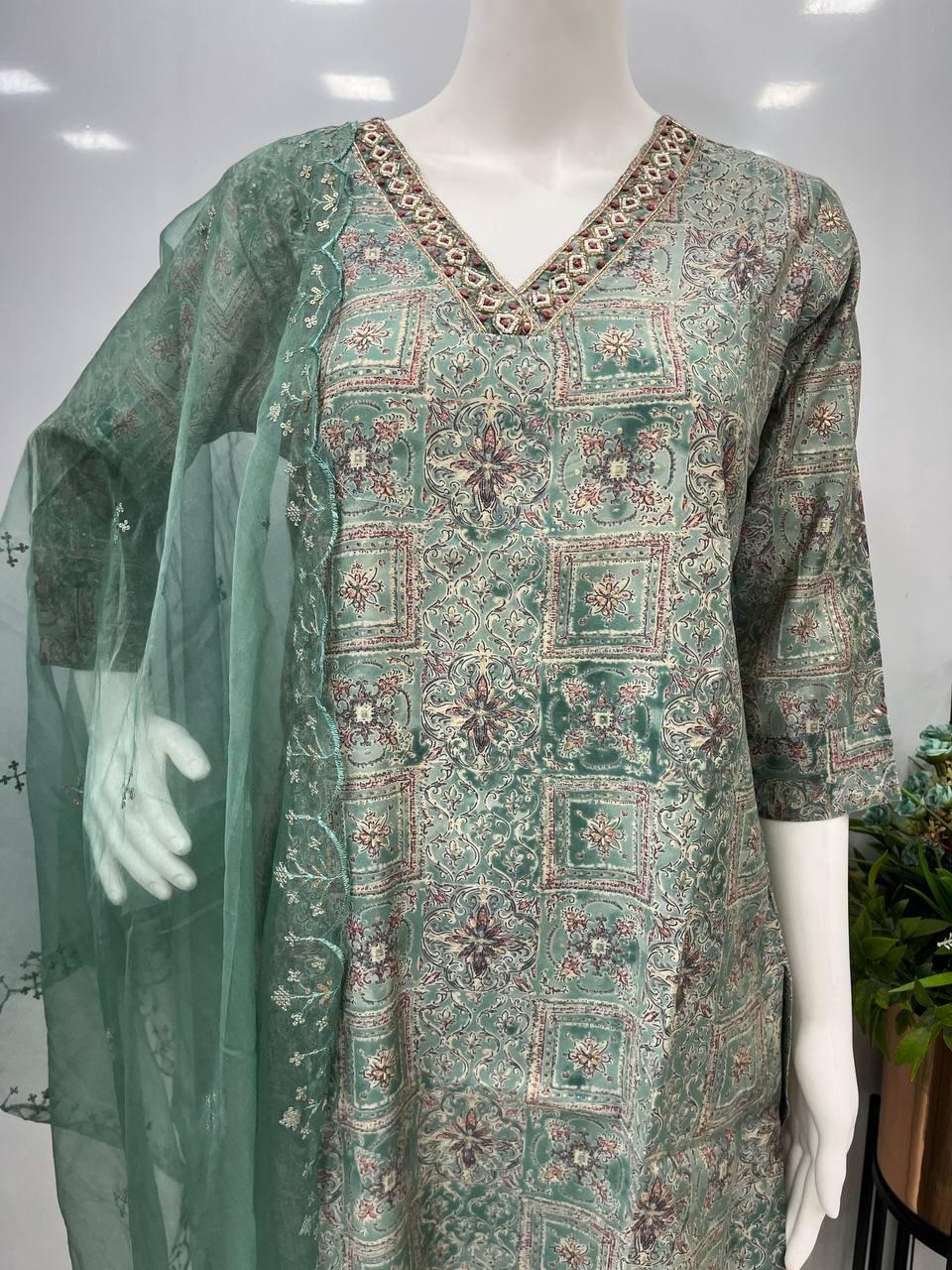 "Cyan Green Elegance: Viscose Modal Silk Kurta 3-Piece Set with Handwork Detailing and Organza Dupatta"