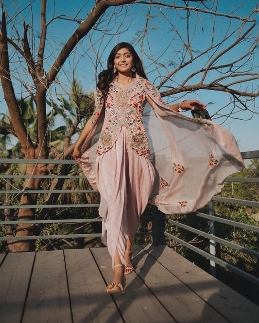 "🌟 Ethereal Elegance Ensemble: Banglori Koti, Chinon Dhoti Salwar, and Embroidered Dupatta Set – Perfect Party Wear Look! 🌟"