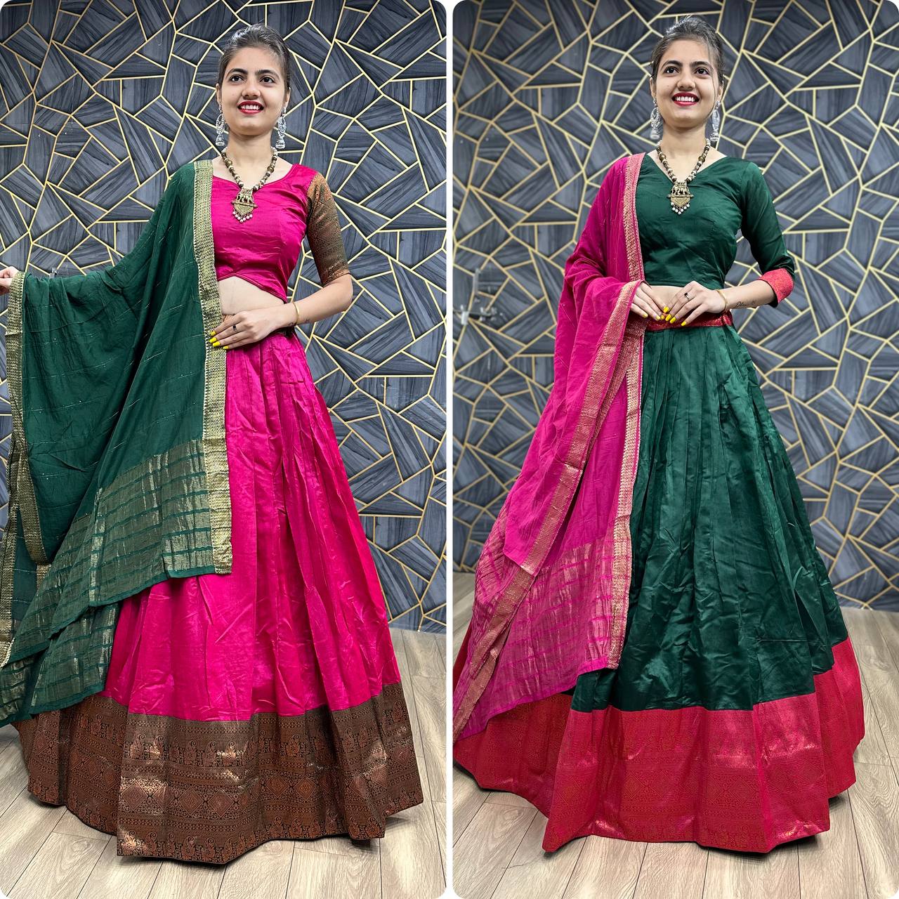 "🌟 Graceful Jacquard Festival Lehenga Choli Ensemble: Fully Stitched, Free Size, and Elegant Crochet Dupatta! 🛍️✨"