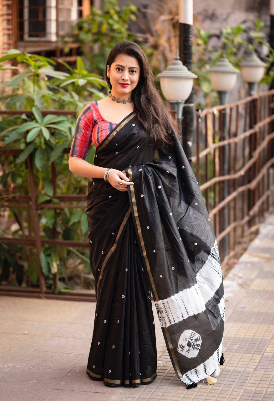 Women's Beautiful Bandhej Shibori Block Printed Pure Chanderi Cotton Saree With Blouse