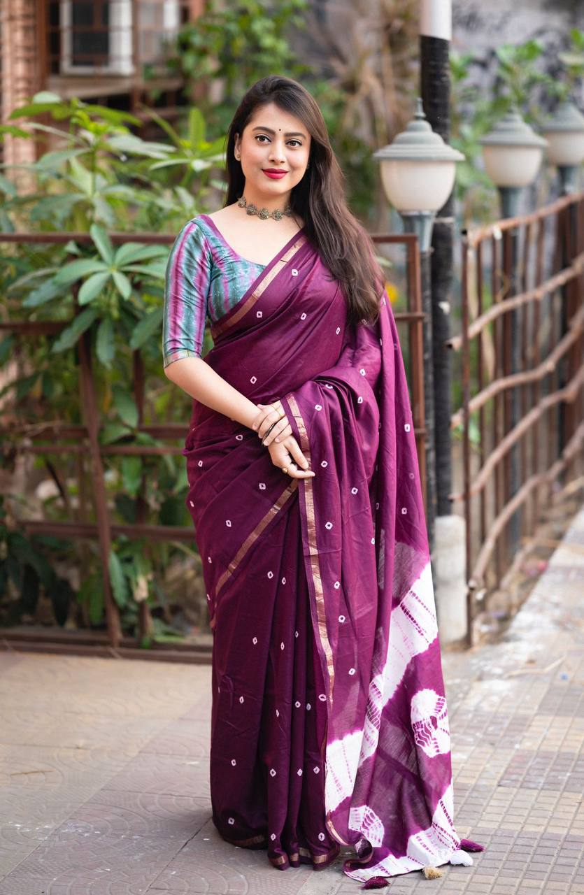 Women's Beautiful Bandhej Shibori Block Printed Pure Chanderi Cotton Saree With Blouse