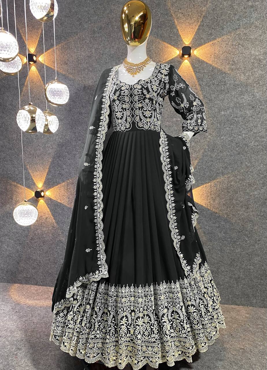 Women's Partywear Faux Georgette Embroidered Sequence Readymade Gown With Dupatta