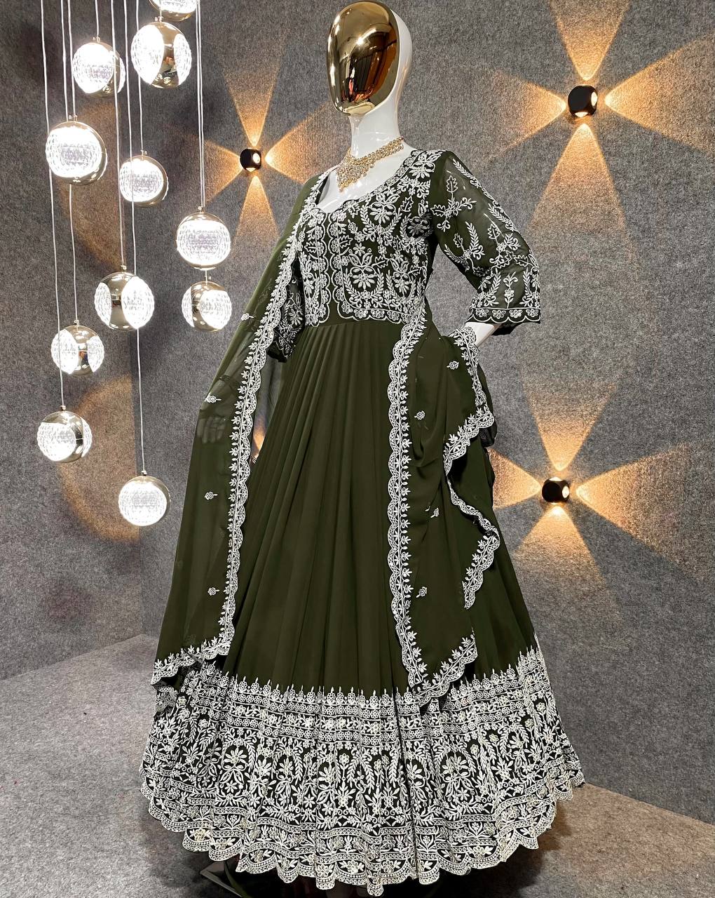 Women's Partywear Faux Georgette Embroidered Sequence Readymade Gown With Dupatta