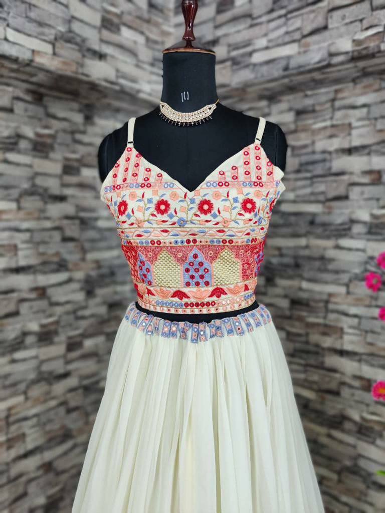 "Off-White Georgette Lehenga Set with Heavy Sequence Embroidery - Designer Ensemble with Choli Crop Top and Shrug Koti - XL Size"