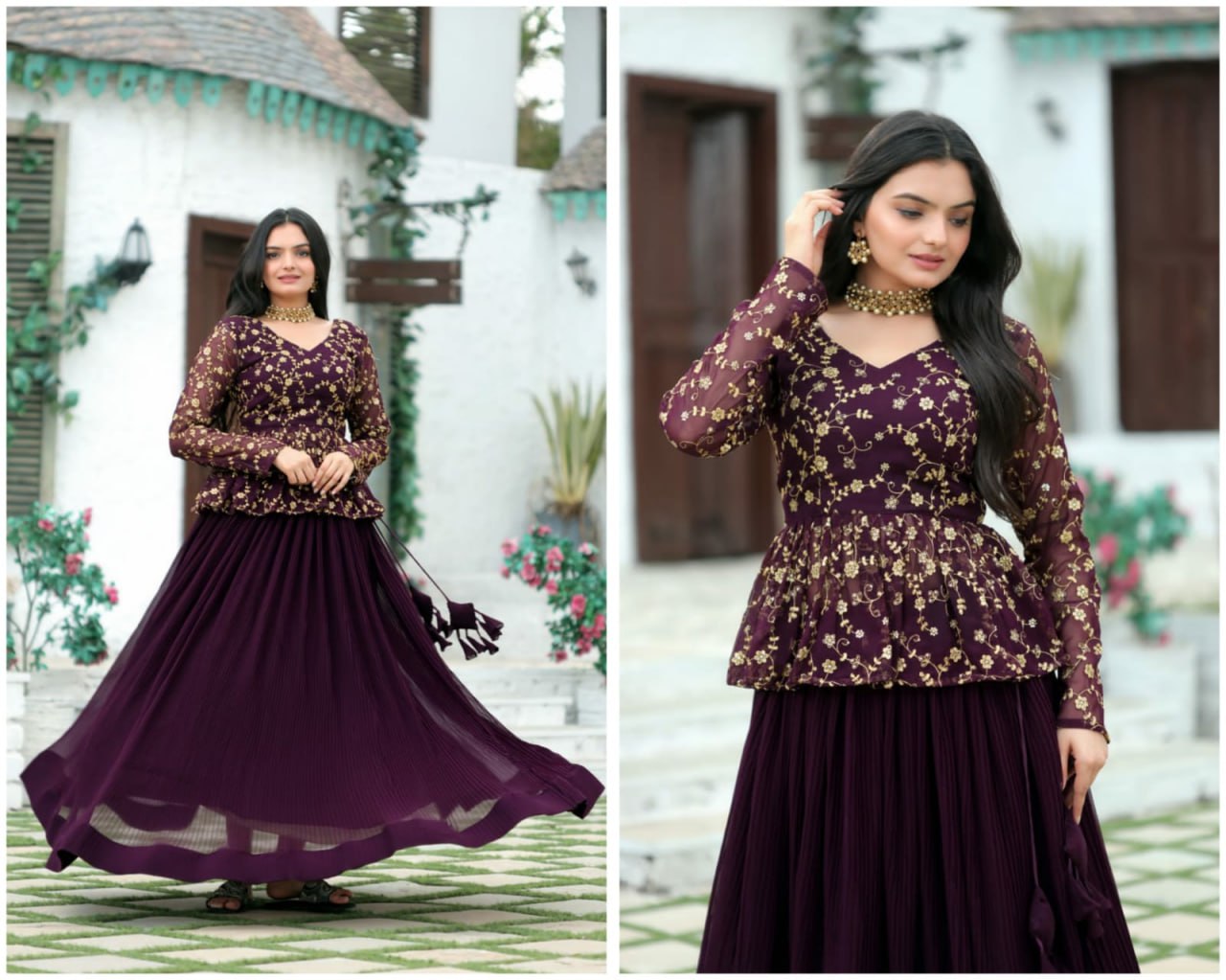 "Exquisite Faux Blooming Sequins Lehenga Choli Set - Full Stitched, Crush Pleated, and Embroidered - Perfect for Parties and Functions"