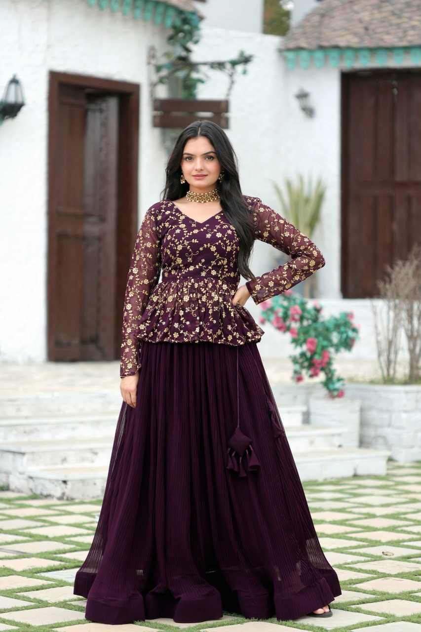 Buy Redefined Maroon Net Partywear Embroidered Sharara Suit 