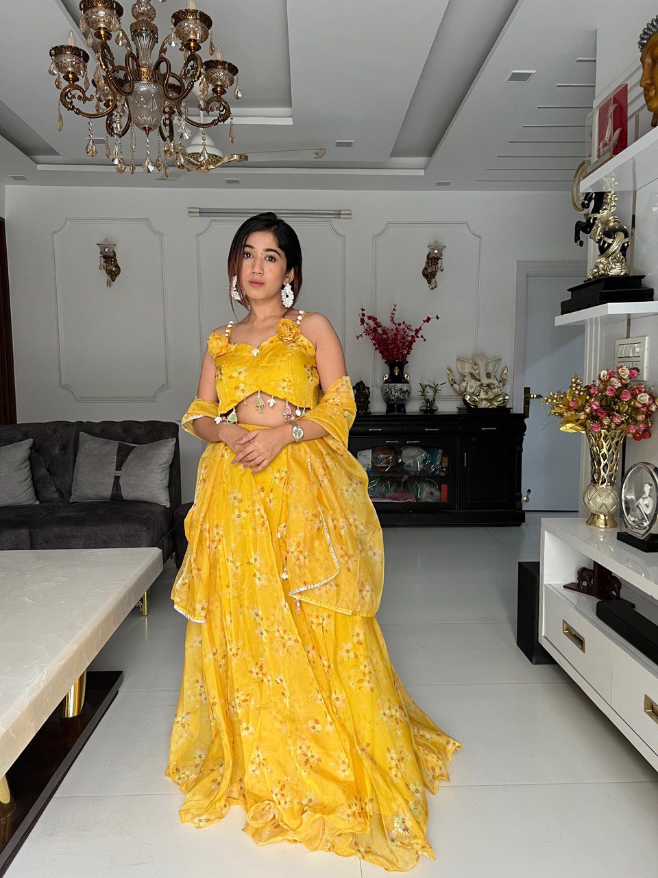 "Haldi Elegance: Exclusive Real Shoot Lehenga Choli Set with Silk Organza Blouse and Digital Print – Fully Stitched Bollywood Style for New Delhi to USA Glam"