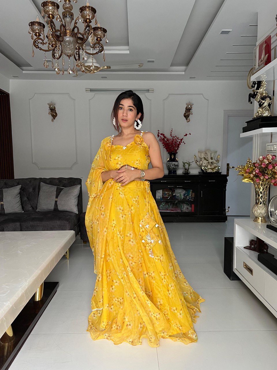 "Haldi Elegance: Exclusive Real Shoot Lehenga Choli Set with Silk Organza Blouse and Digital Print – Fully Stitched Bollywood Style for New Delhi to USA Glam"