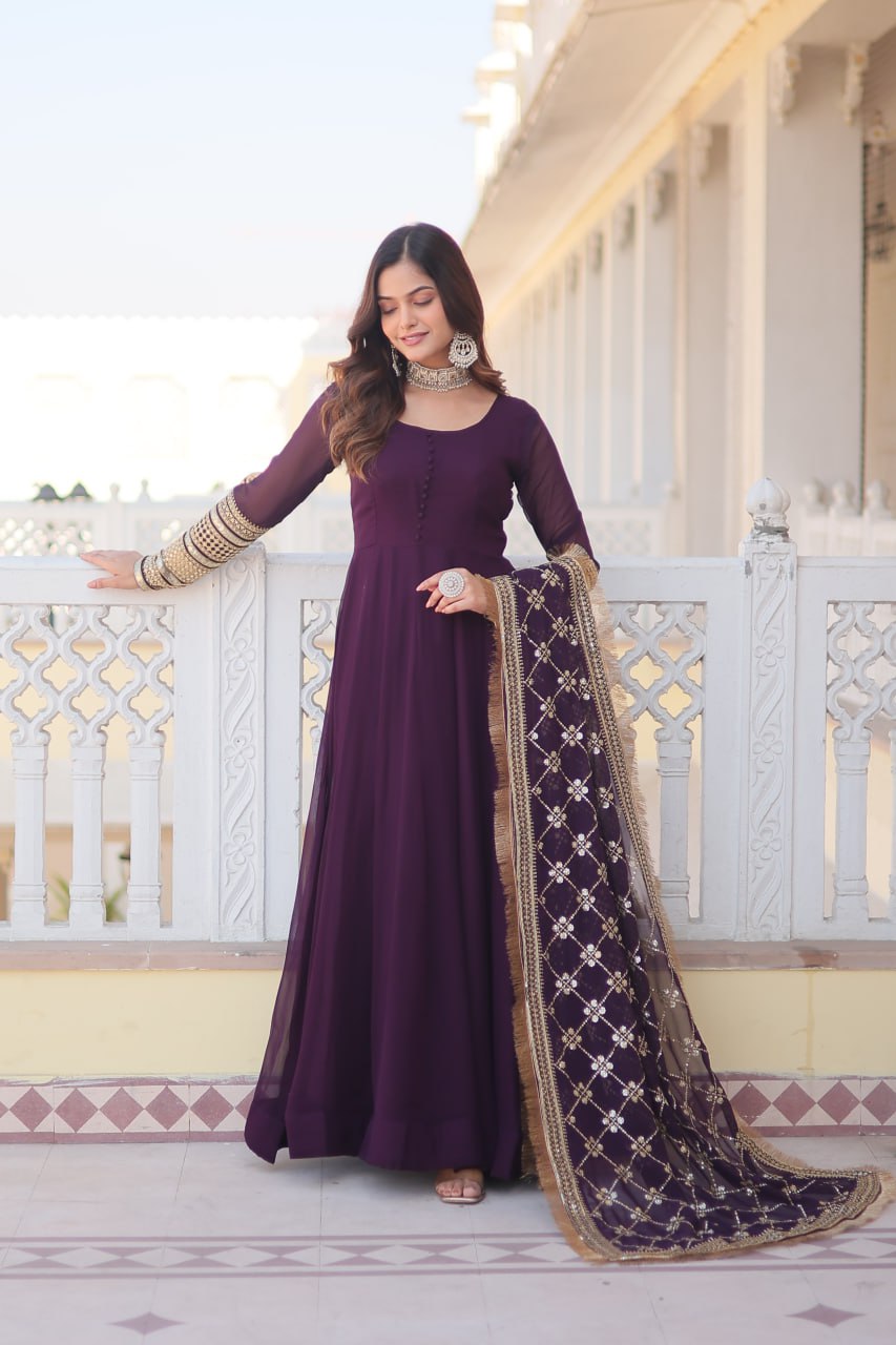 "Faux Blooming Elegance: Sequins Embroidered Gown with Designer Lace Dupatta Set"