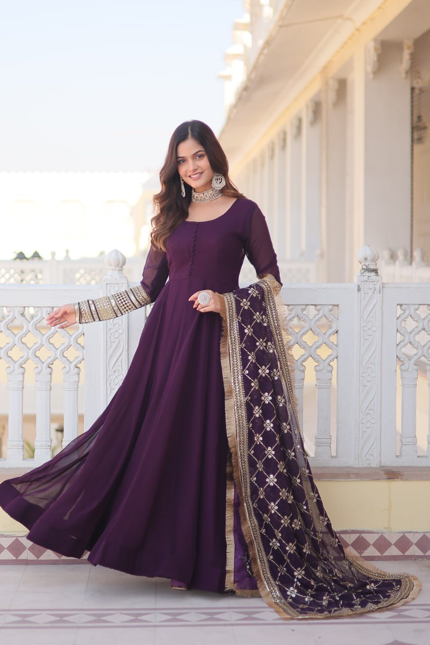 "Faux Blooming Elegance: Sequins Embroidered Gown with Designer Lace Dupatta Set"