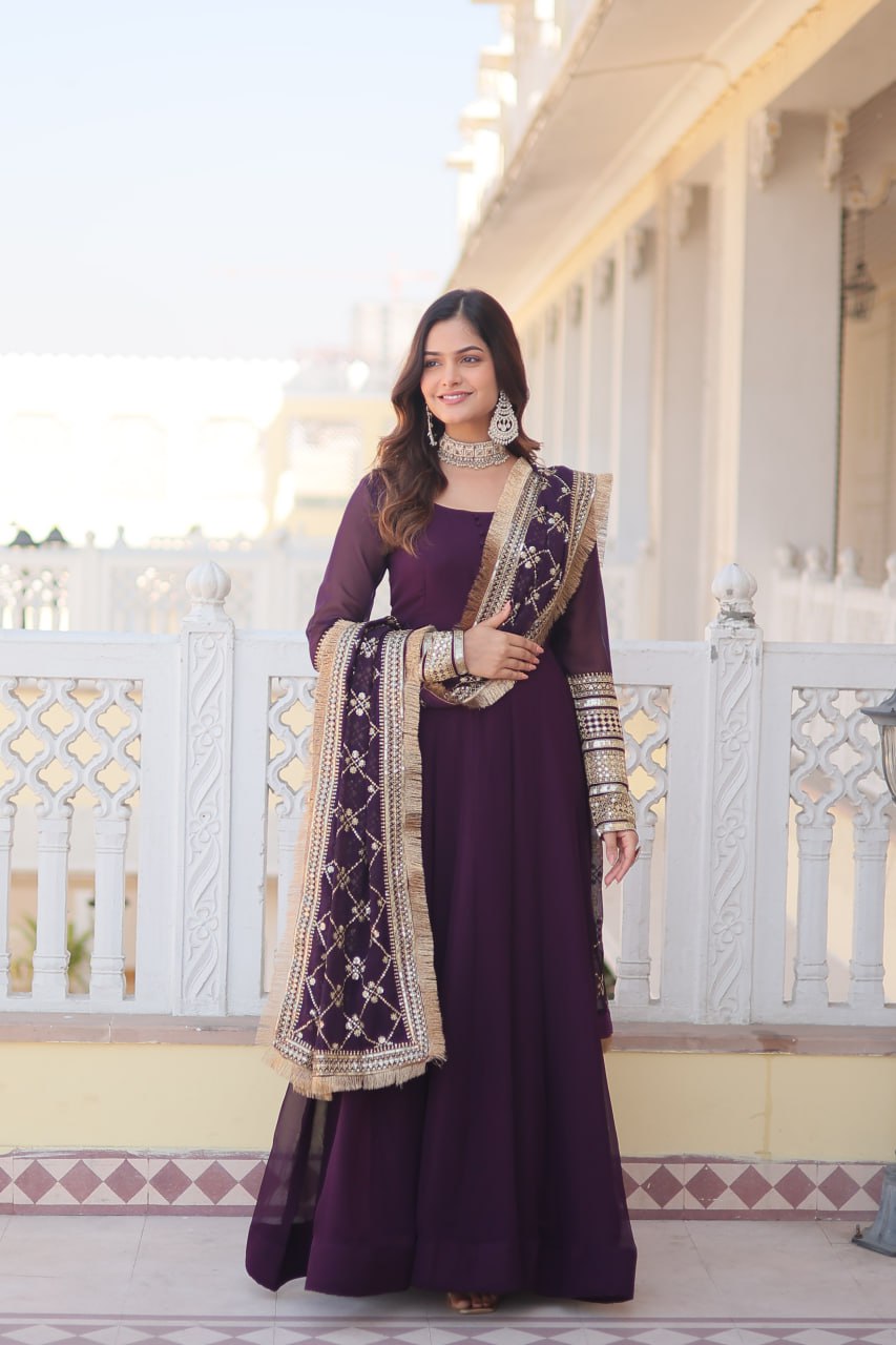 "Faux Blooming Elegance: Sequins Embroidered Gown with Designer Lace Dupatta Set"