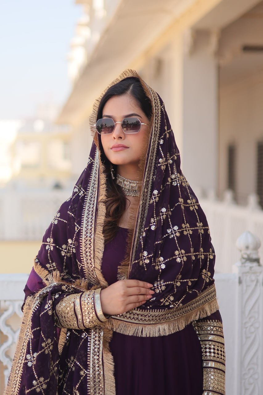 "Faux Blooming Elegance: Sequins Embroidered Gown with Designer Lace Dupatta Set"