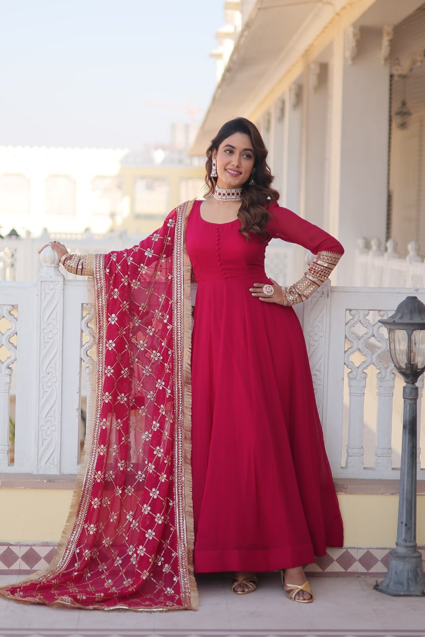 "Faux Blooming Elegance: Sequins Embroidered Gown with Designer Lace Dupatta Set"