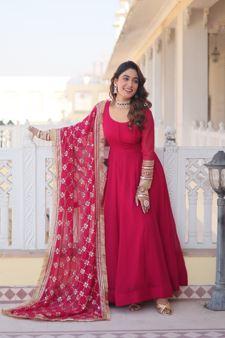 "Faux Blooming Elegance: Sequins Embroidered Gown with Designer Lace Dupatta Set"