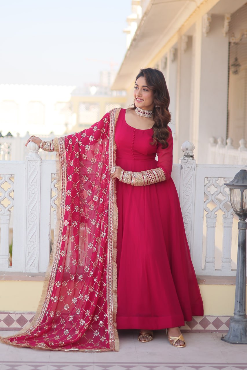 "Faux Blooming Elegance: Sequins Embroidered Gown with Designer Lace Dupatta Set"