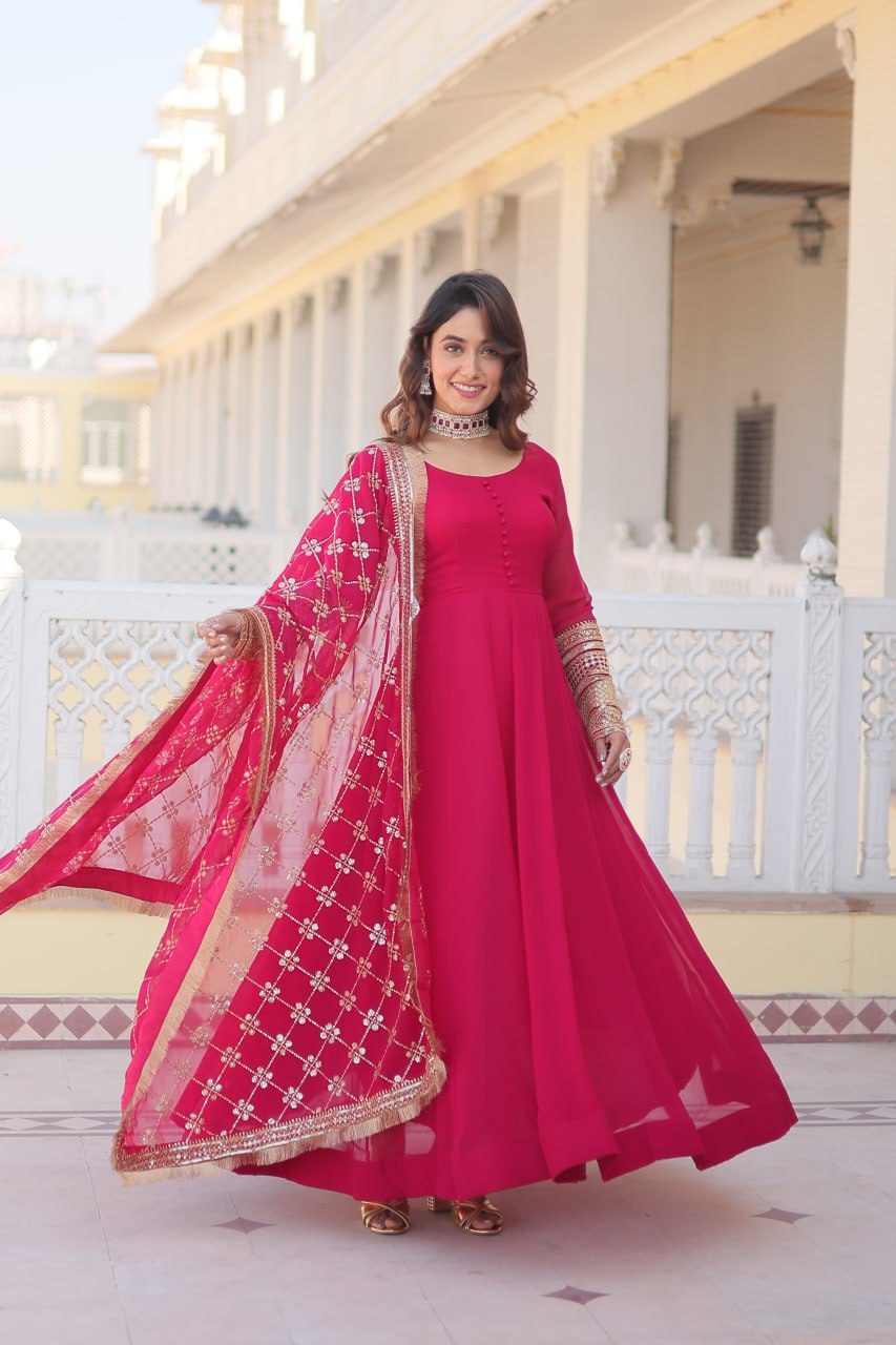 "Faux Blooming Elegance: Sequins Embroidered Gown with Designer Lace Dupatta Set"