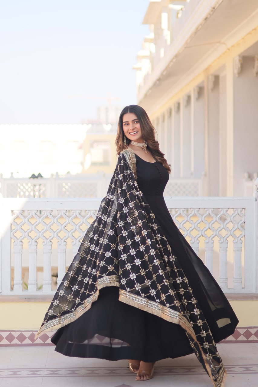 "Faux Blooming Elegance: Sequins Embroidered Gown with Designer Lace Dupatta Set"