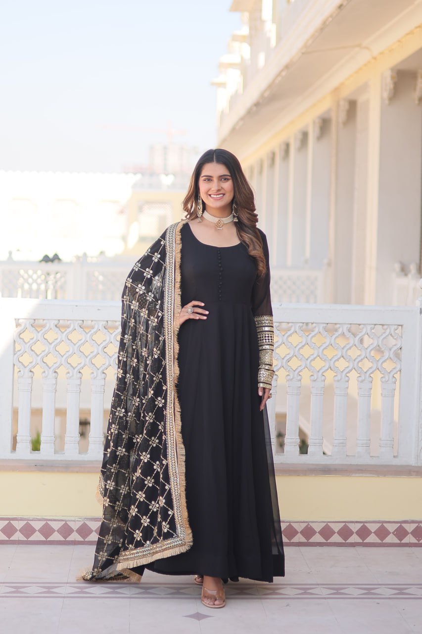 "Faux Blooming Elegance: Sequins Embroidered Gown with Designer Lace Dupatta Set"