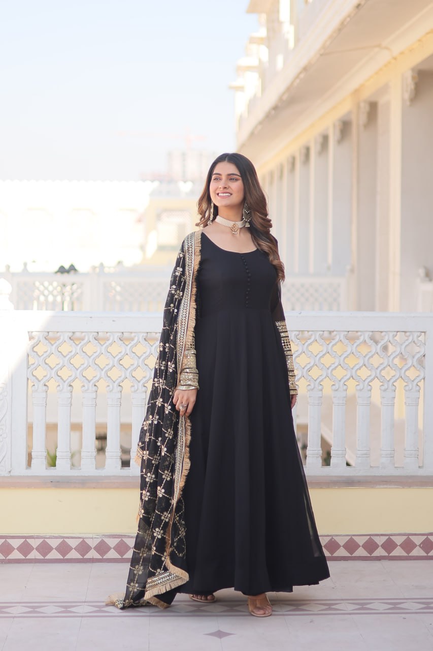 "Faux Blooming Elegance: Sequins Embroidered Gown with Designer Lace Dupatta Set"