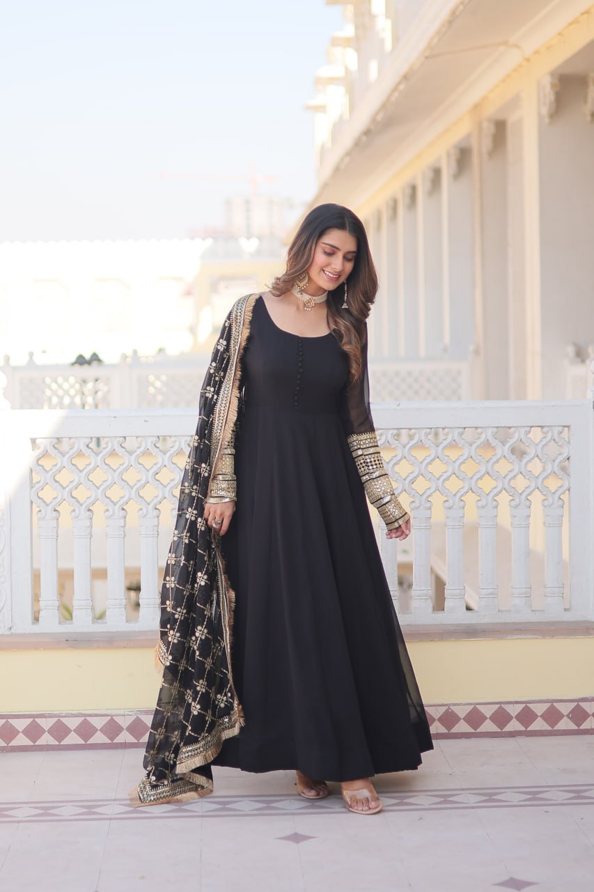 "Faux Blooming Elegance: Sequins Embroidered Gown with Designer Lace Dupatta Set"