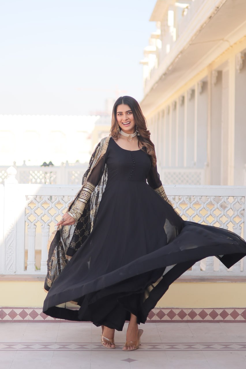 "Faux Blooming Elegance: Sequins Embroidered Gown with Designer Lace Dupatta Set"