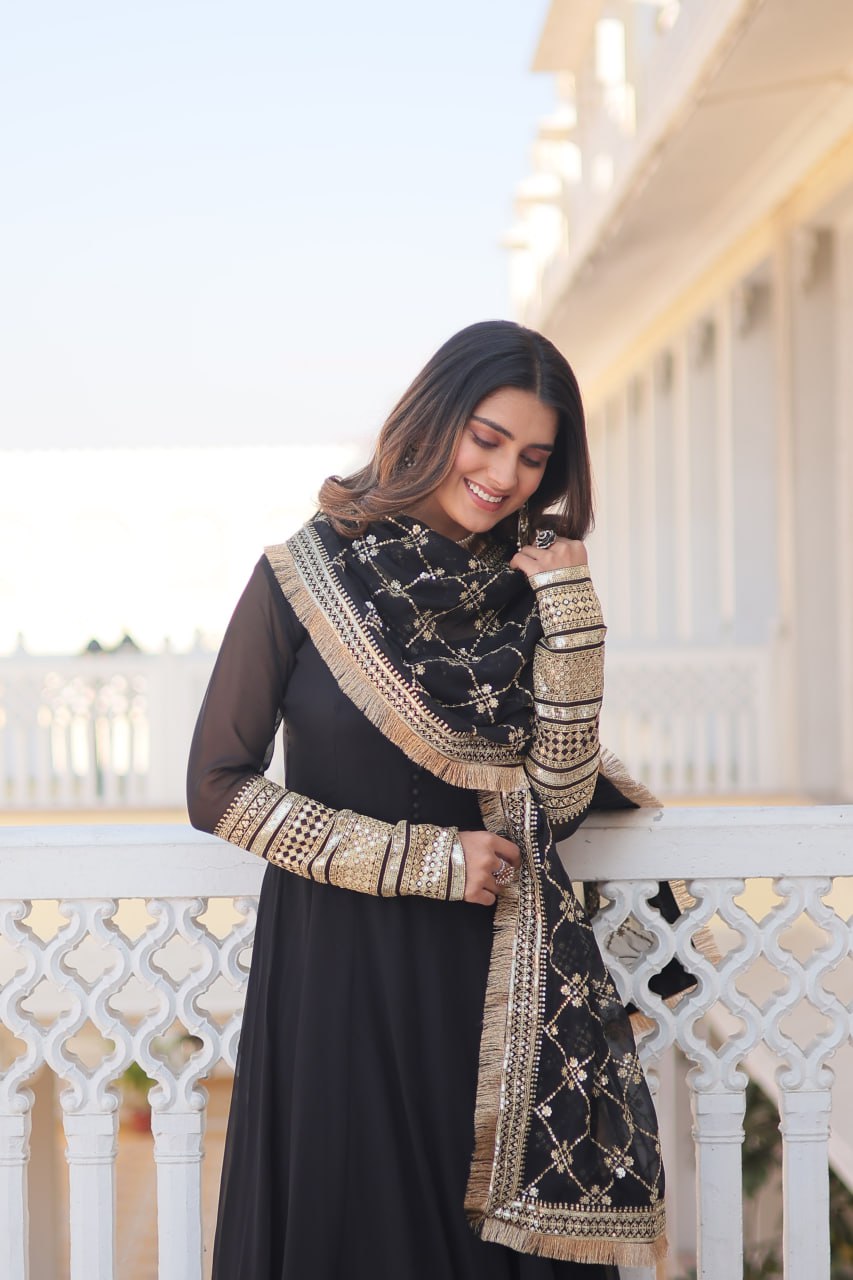 "Faux Blooming Elegance: Sequins Embroidered Gown with Designer Lace Dupatta Set"