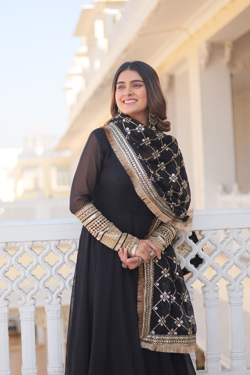 "Faux Blooming Elegance: Sequins Embroidered Gown with Designer Lace Dupatta Set"