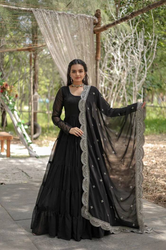 "Embrace Elegance: Anarkali Gowns in Black, Red, and Wine with Intricate Embroidery - Full Stitched, Georgette, and Butter Crepe Inner for Party Perfection!"