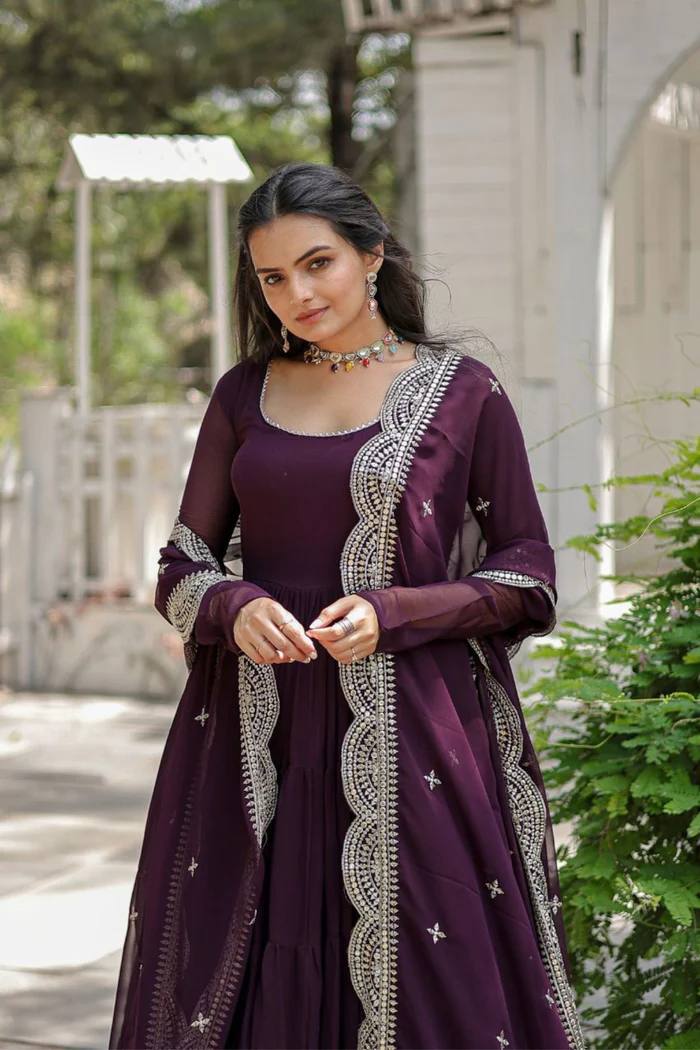 "Embrace Elegance: Anarkali Gowns in Black, Red, and Wine with Intricate Embroidery - Full Stitched, Georgette, and Butter Crepe Inner for Party Perfection!"