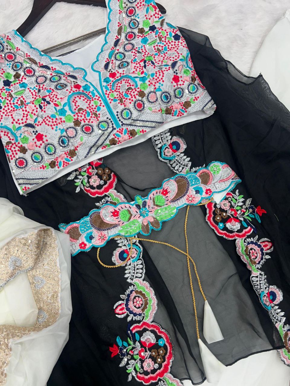 "🌟 Royal Radiance: Organza Silk Indo-Western Sharara Set with Thread & Sequence Embellishments 🌟"