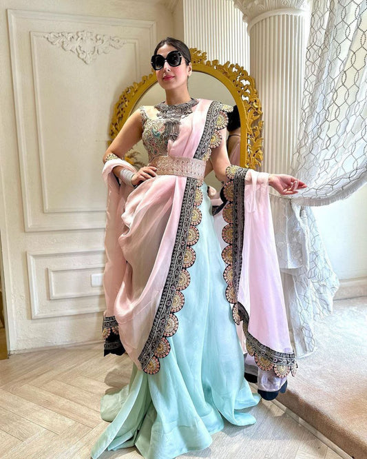 "Sea Blue Elegance: Indo-Western Sharara Set with Organza Silk, Thread & Sequence Work - XL Size (Full-Stitched), Benglori Silk Blouse, and Baby Pink Organza Silk Shrug"