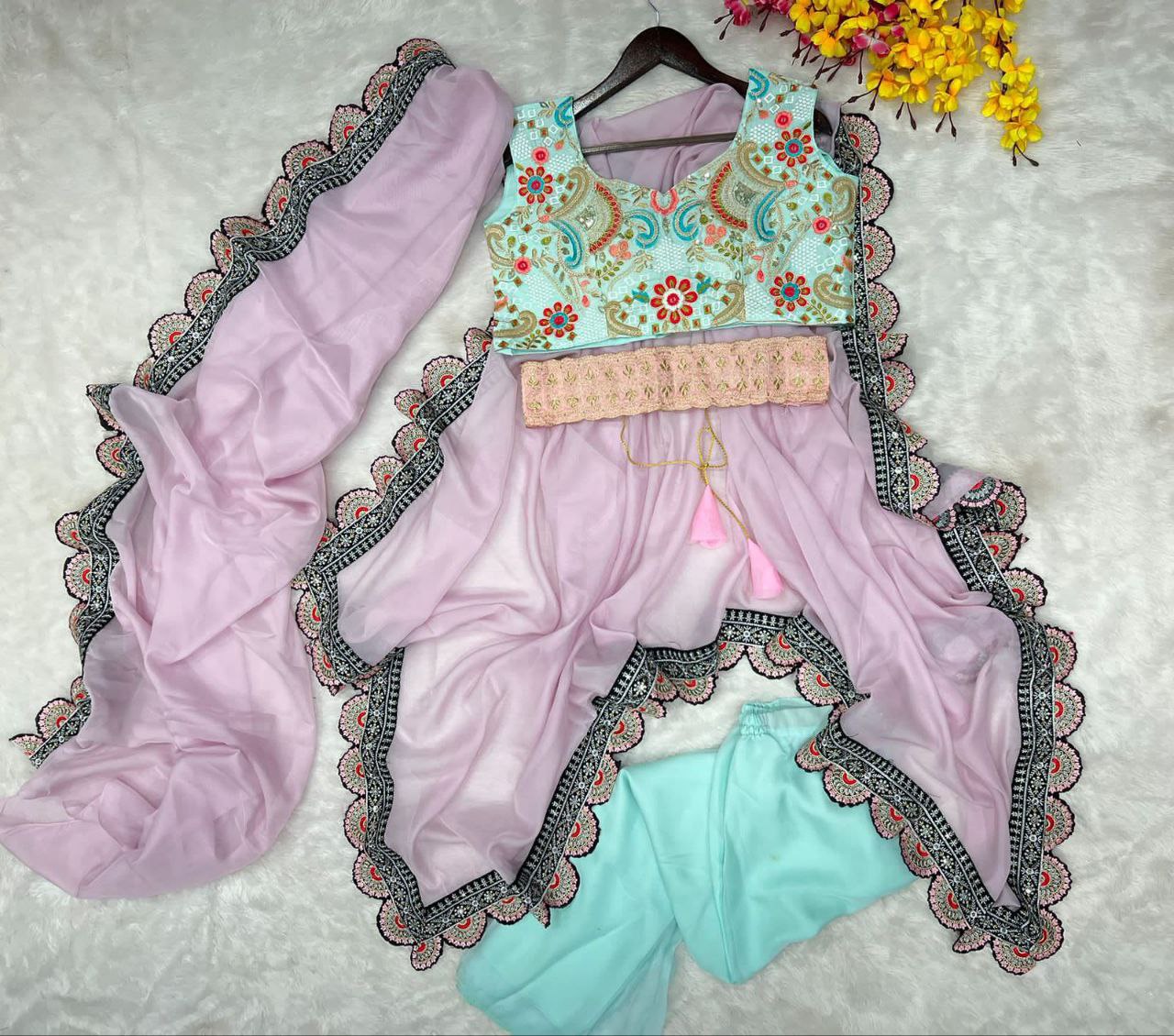 "Sea Blue Elegance: Indo-Western Sharara Set with Organza Silk, Thread & Sequence Work - XL Size (Full-Stitched), Benglori Silk Blouse, and Baby Pink Organza Silk Shrug"