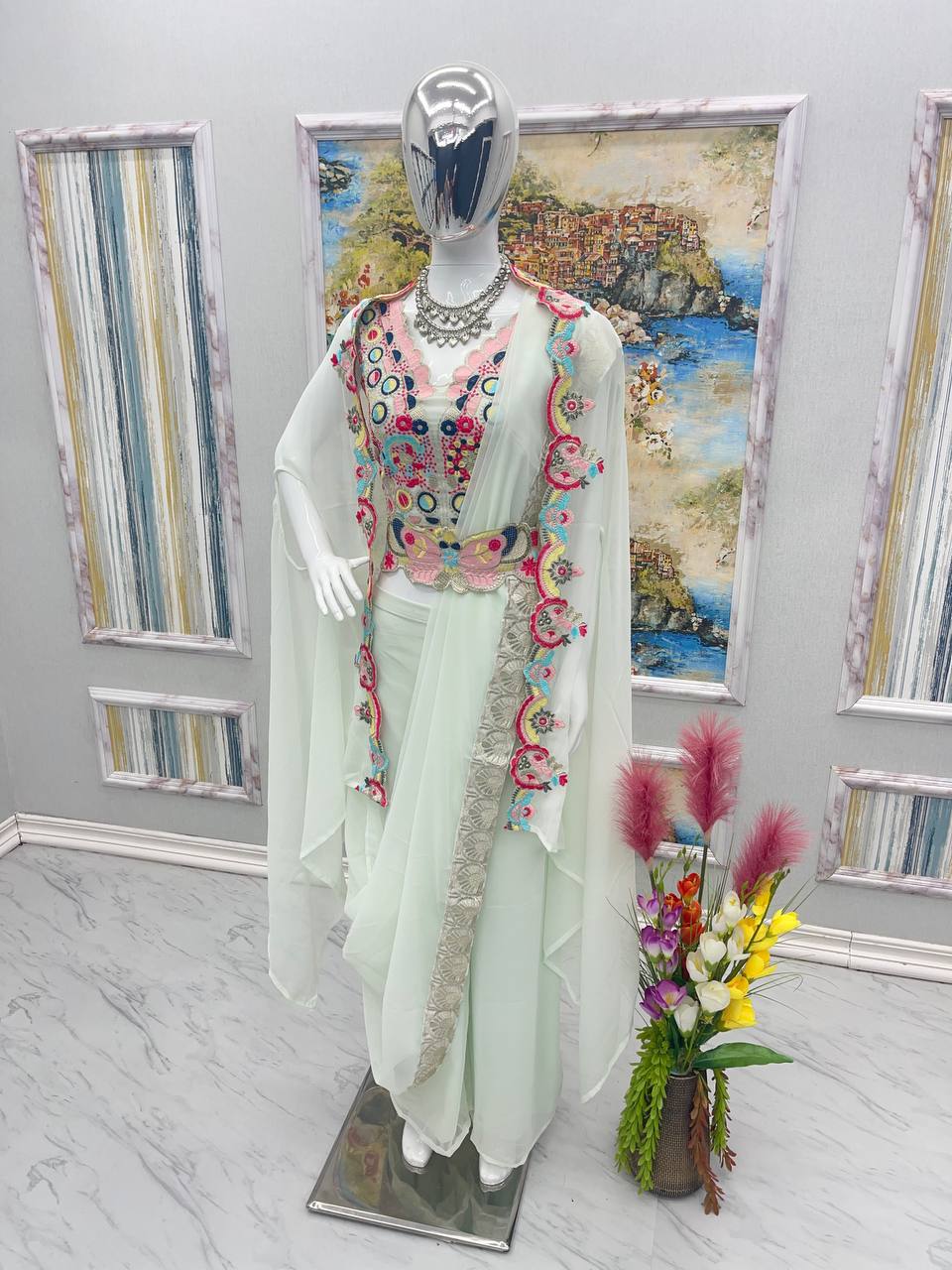 "Ethereal Elegance: Exquisite Four-Piece Indo Western Suit Set with Belt and Embroidery Work - Perfect for Weddings and Parties"